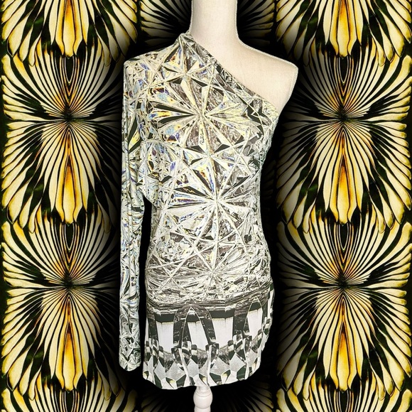 NWT Roberto Cavalli One Shoulder Crushed Diamond Kaleidoscope Print Dress Size 8 - Picture 1 of 16